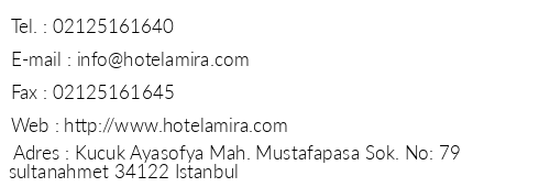 Hotel Amira telefon numaralar, faks, e-mail, posta adresi ve iletiim bilgileri